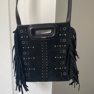 Maje mini M bag in black studded suede with fringe